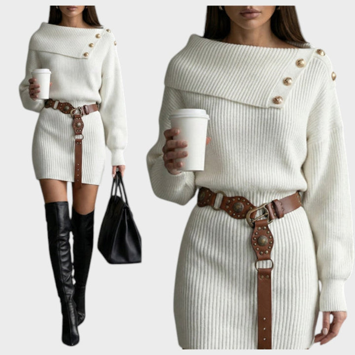 Chrisanthi | Robe mode avec bouton, encolure en V, manches chauve-souris