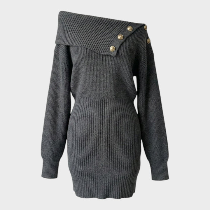 Chrisanthi | Robe mode avec bouton, encolure en V, manches chauve-souris