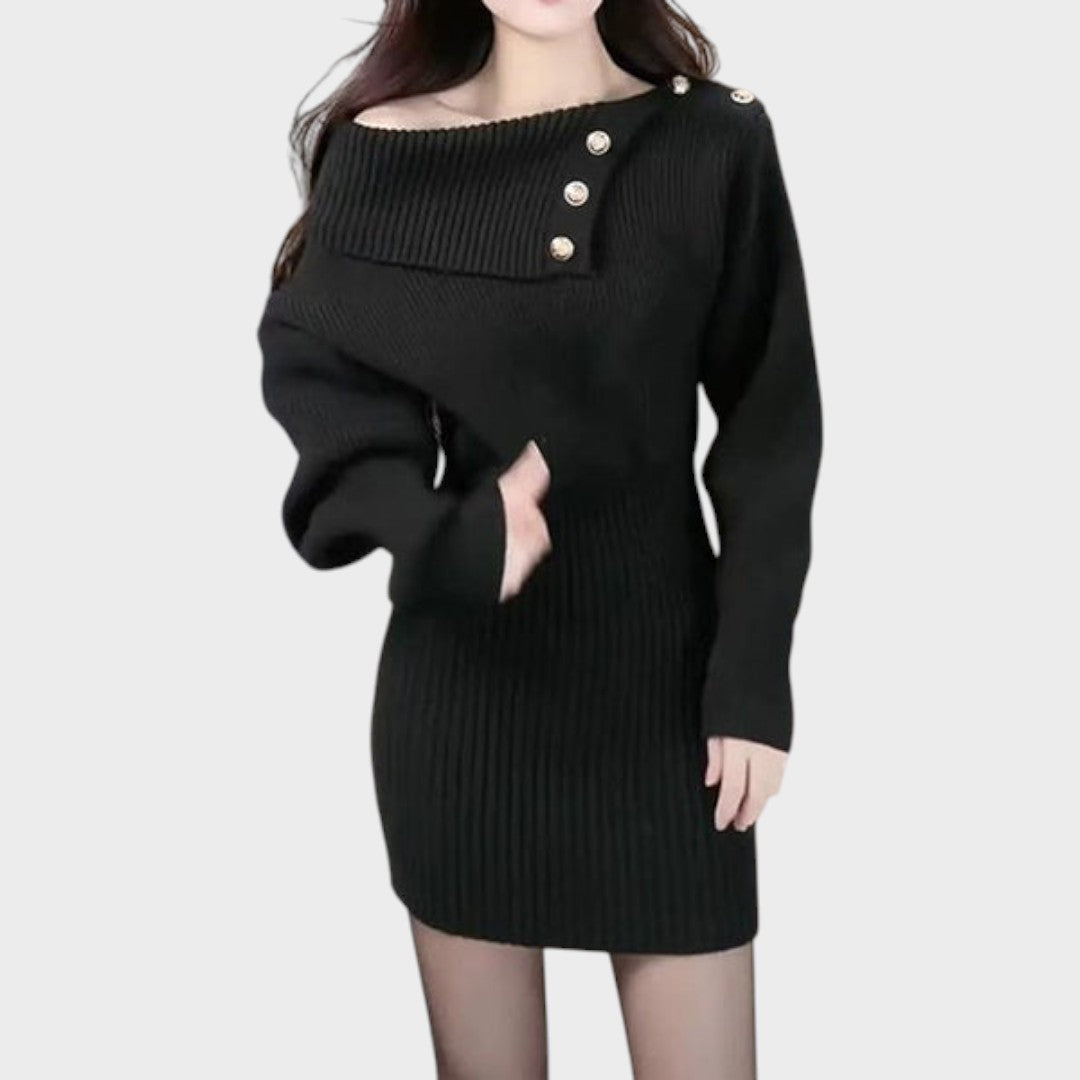 Chrisanthi | Robe mode avec bouton, encolure en V, manches chauve-souris