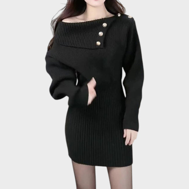 Chrisanthi | Robe mode avec bouton, encolure en V, manches chauve-souris