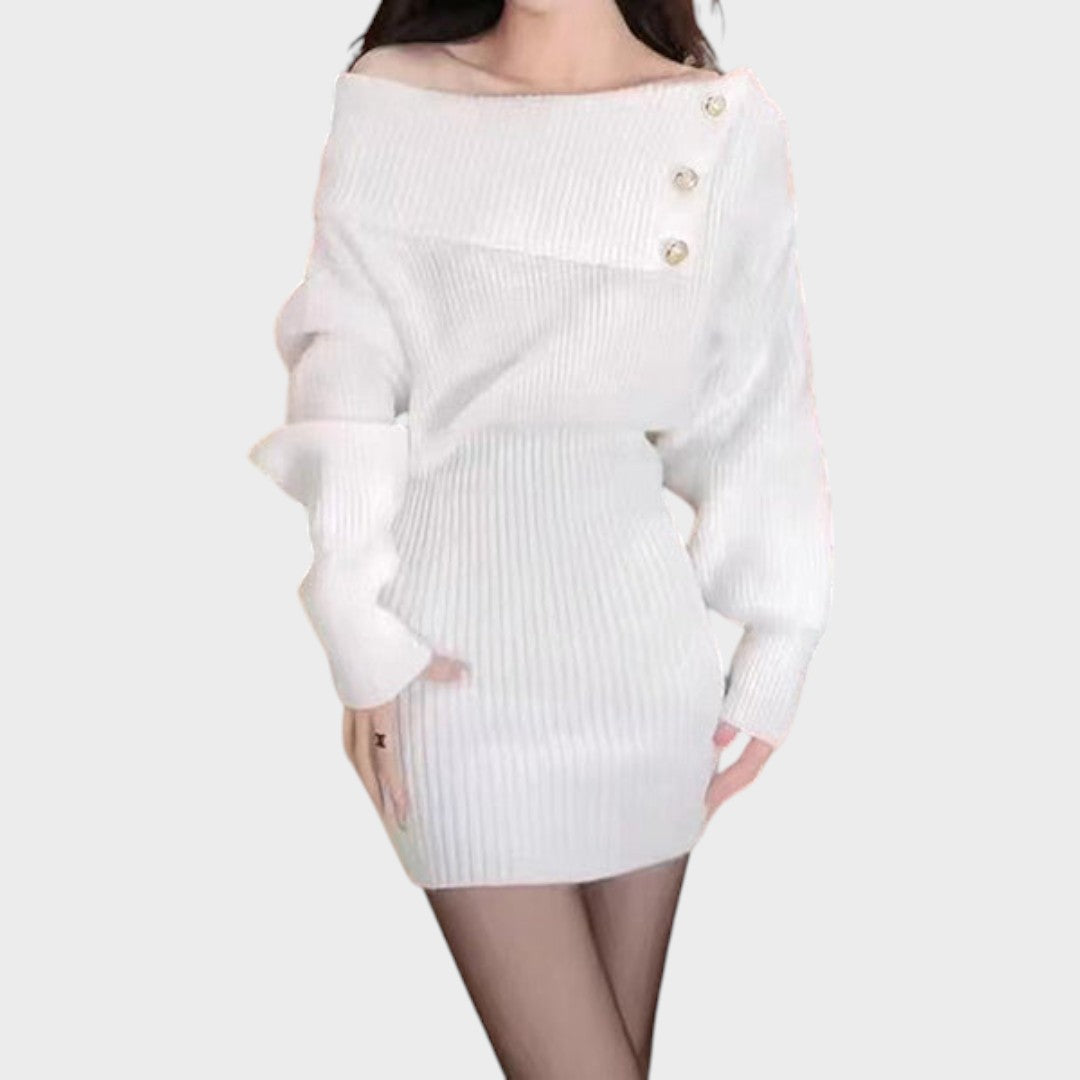Chrisanthi | Robe mode avec bouton, encolure en V, manches chauve-souris