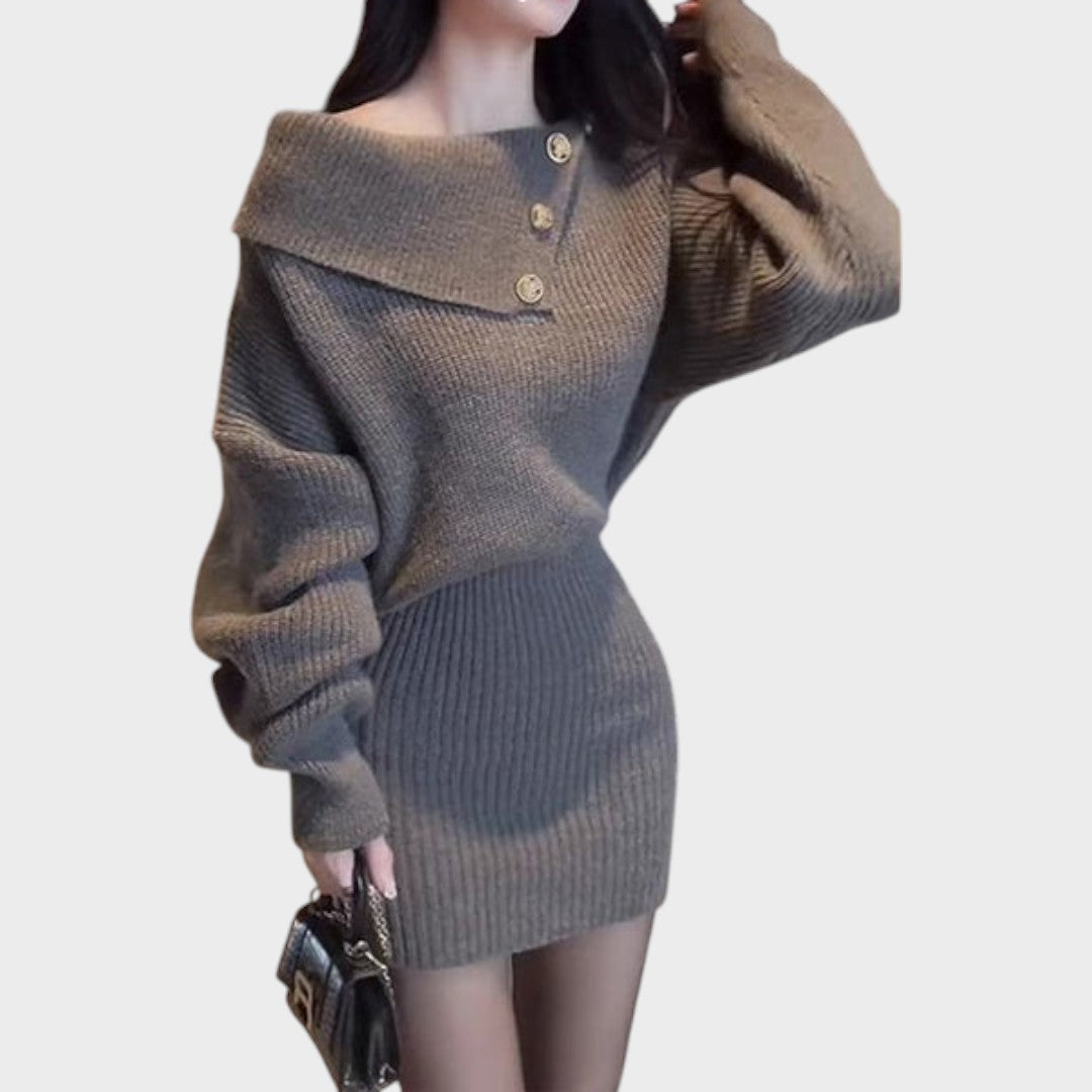 Chrisanthi | Robe mode avec bouton, encolure en V, manches chauve-souris