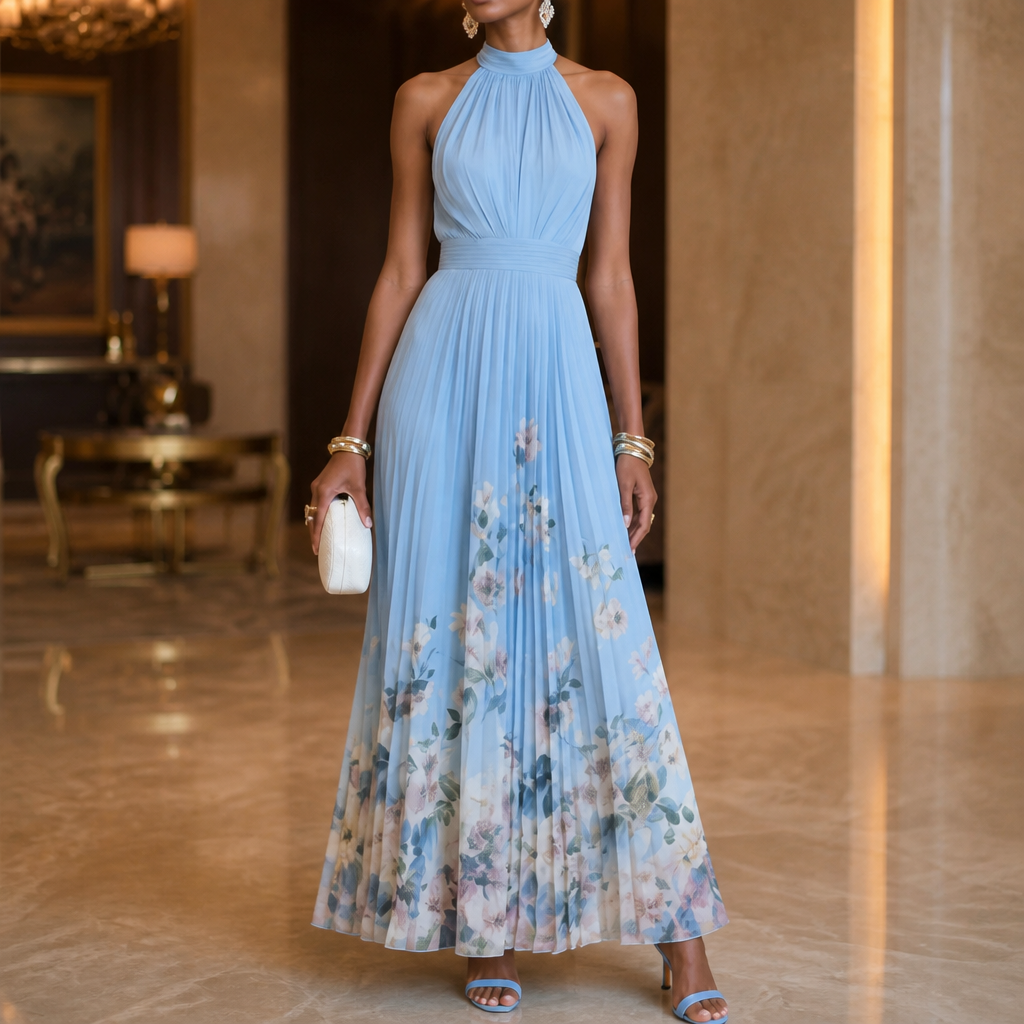 Elegant Blue Floral Maxi Dress for Women with Halter Neck Sleeveless Pleated Flowing Fall Wedding Guest Style