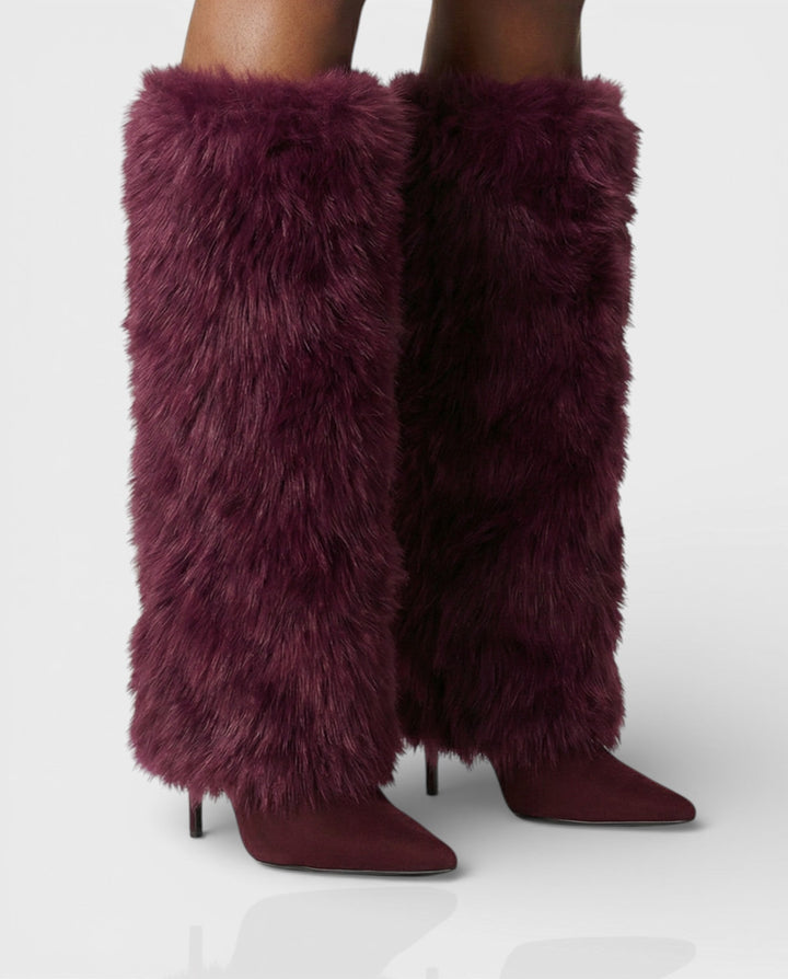 Elegant Faux Fur Knee High Boots for Women with Pointed Toe Stiletto Heel Shaggy Statement Style