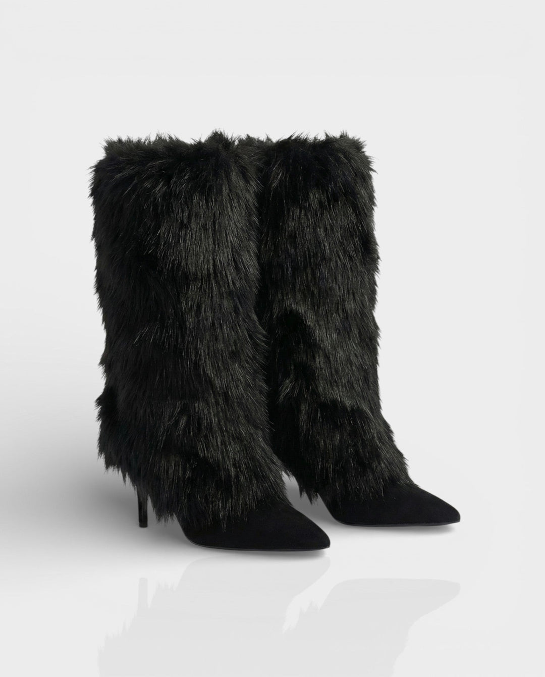 Elegant Black Faux Fur Boots for Women with Pointed Toe Stiletto Heel Knee High Style