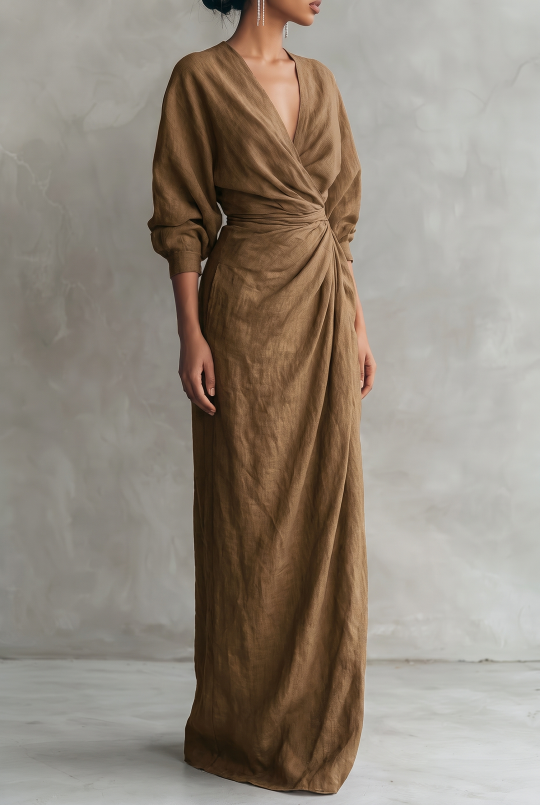 Women's Minimalist V-neck Linen Blend Maxi Dress