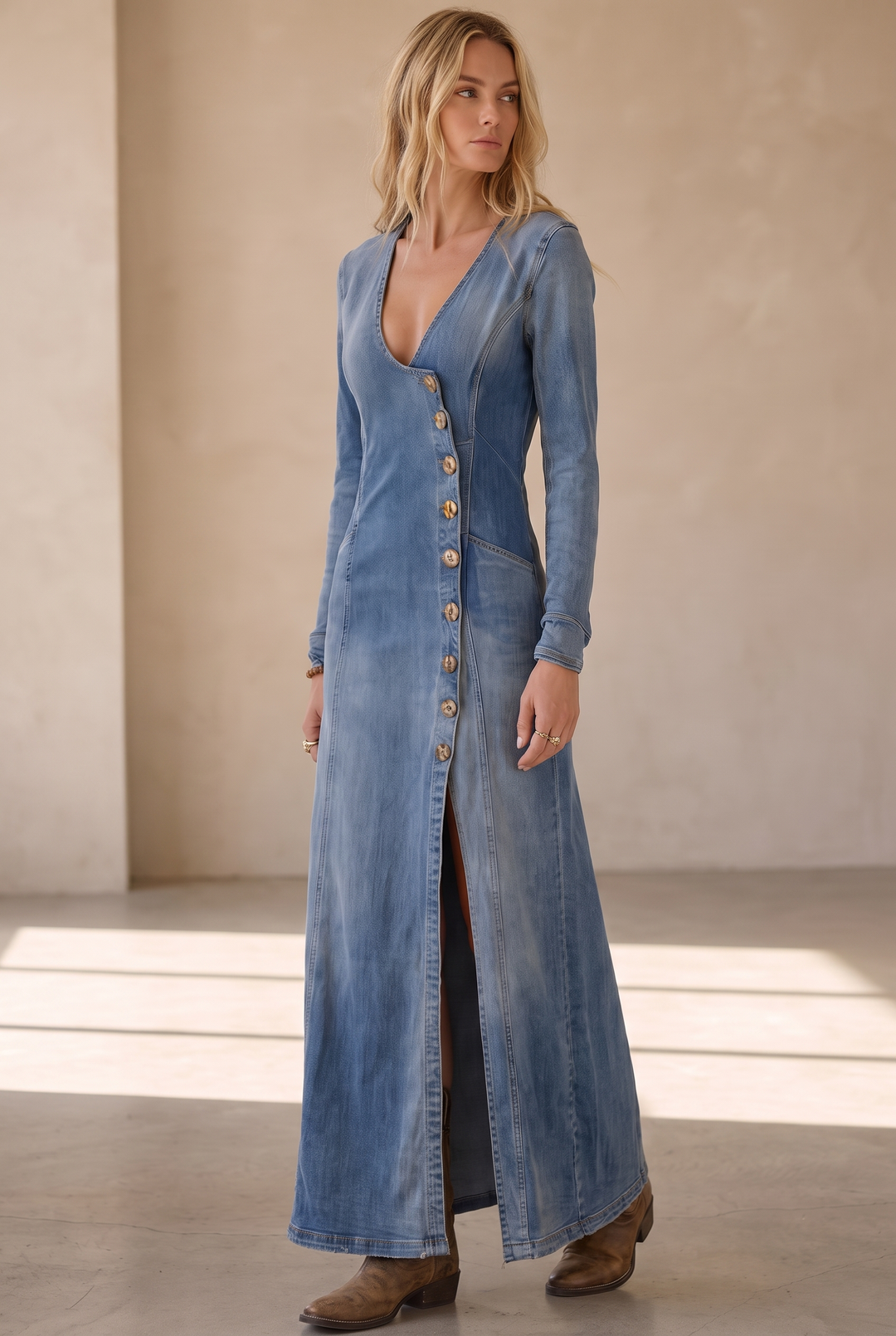 Agape Denim V-neck Maxi - three-quarter
