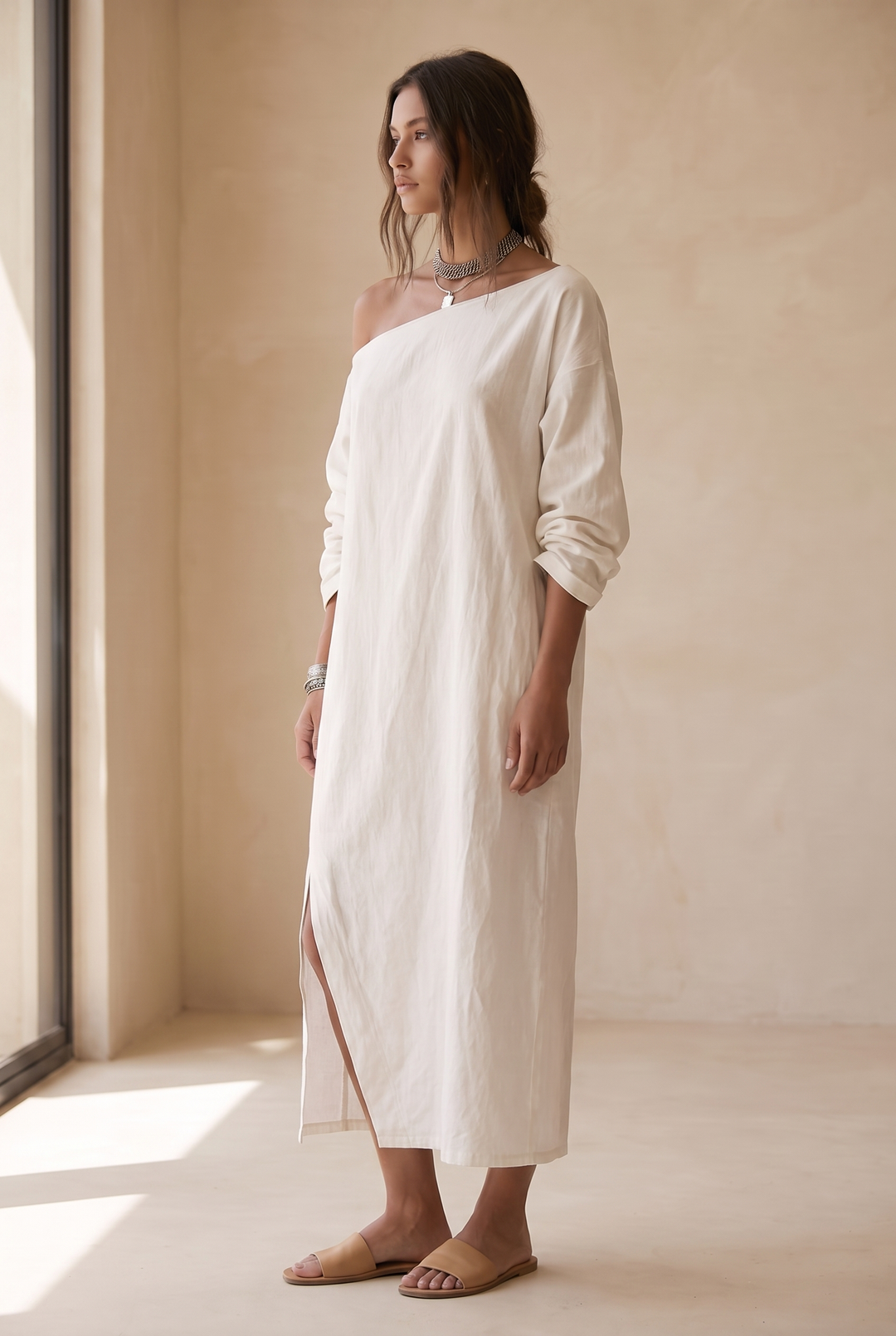 Medusa One-Shoulder Split Hem Midi - three-quarter