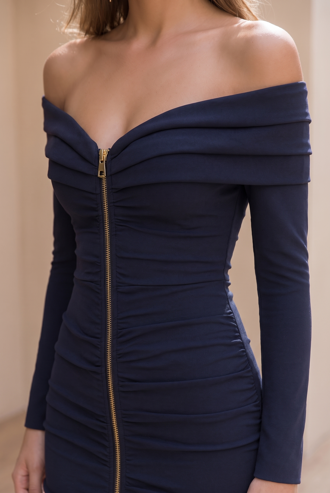Cassie Off-Shoulder Ruched Zip-Front Dress - navy neckline and zip detail