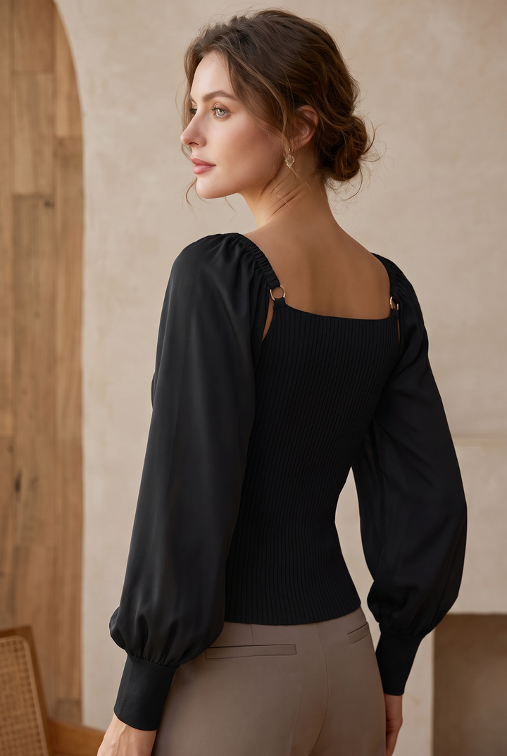 Farrah Loose Knit Top with Satin Balloon Sleeves - black front view