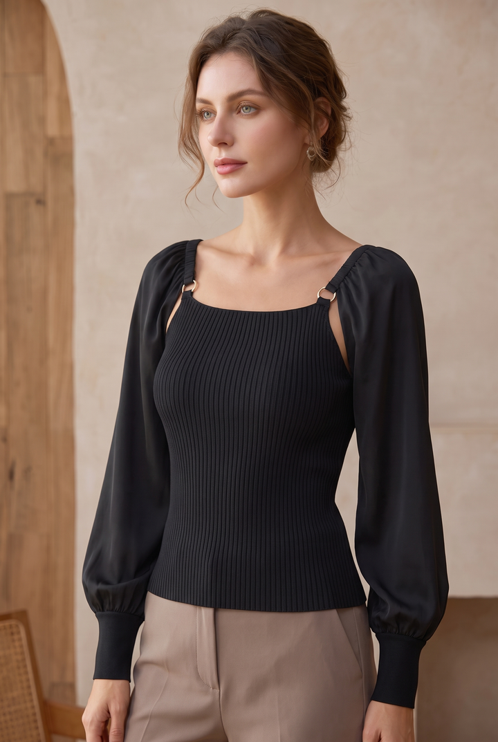 Farrah Loose Knit Top with Satin Balloon Sleeves - black three-quarter view