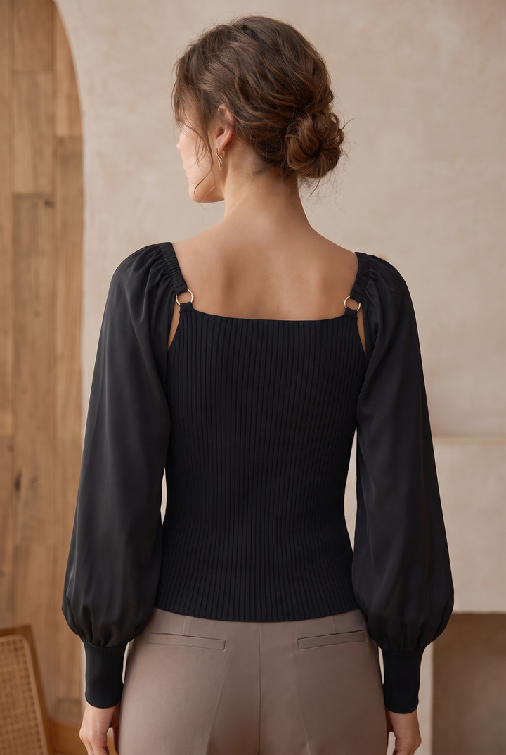 Farrah Loose Knit Top with Satin Balloon Sleeves - black back view
