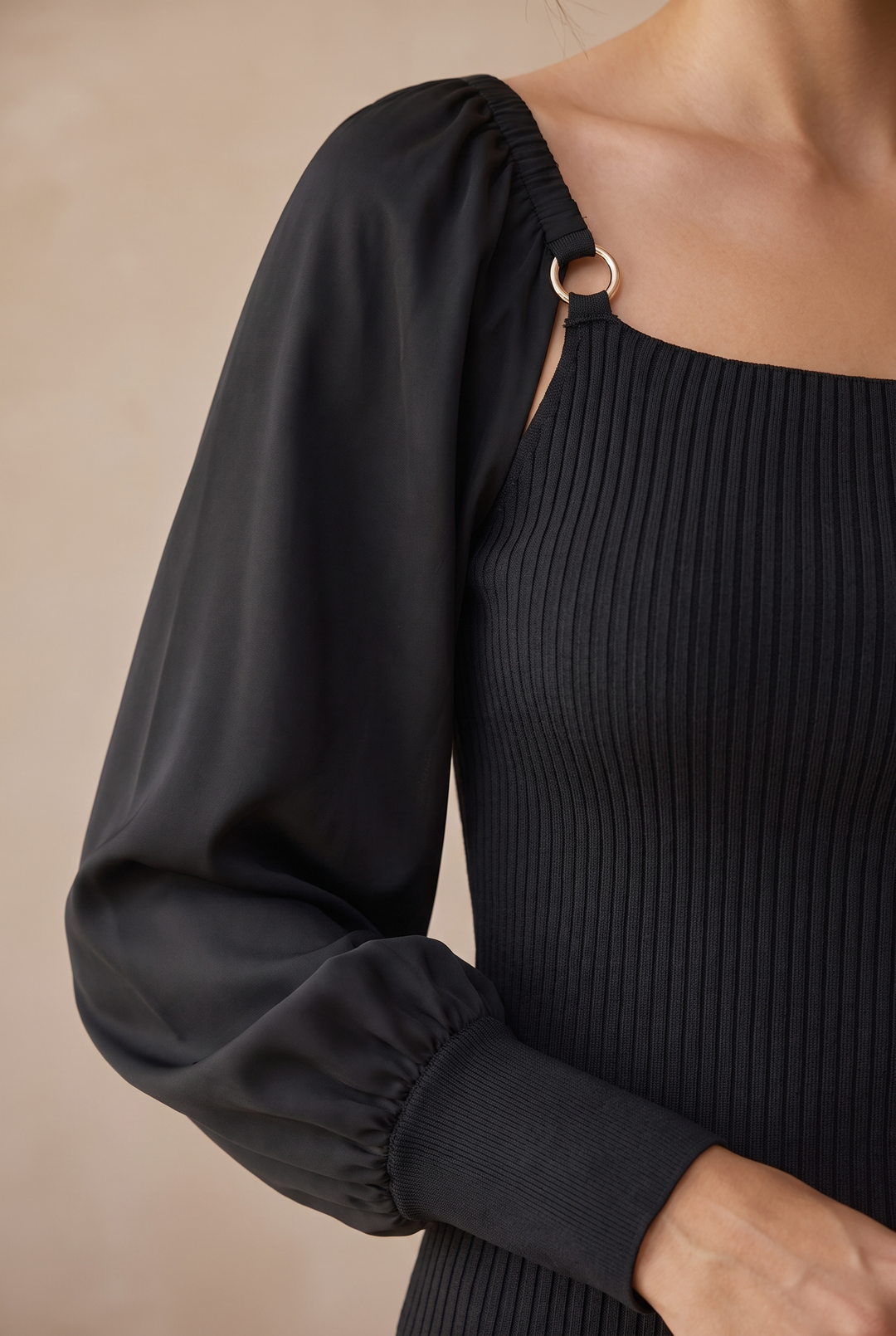 Farrah Loose Knit Top with Satin Balloon Sleeves - neckline and sleeve detail