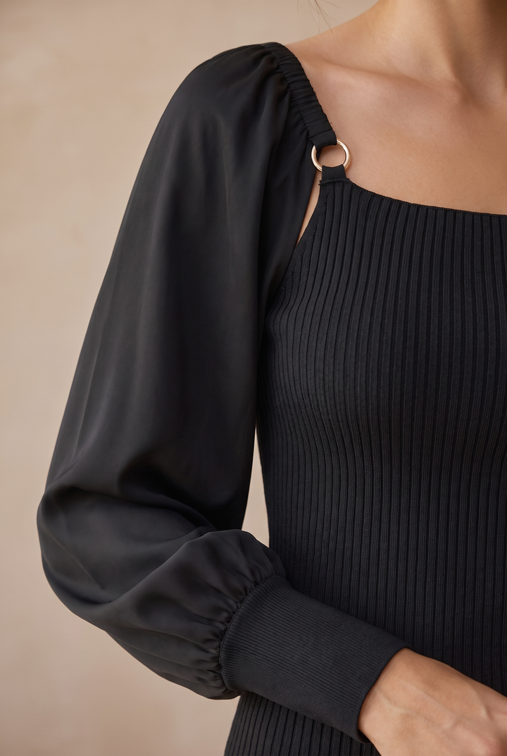 Farrah Loose Knit Top with Satin Balloon Sleeves - neckline and sleeve detail