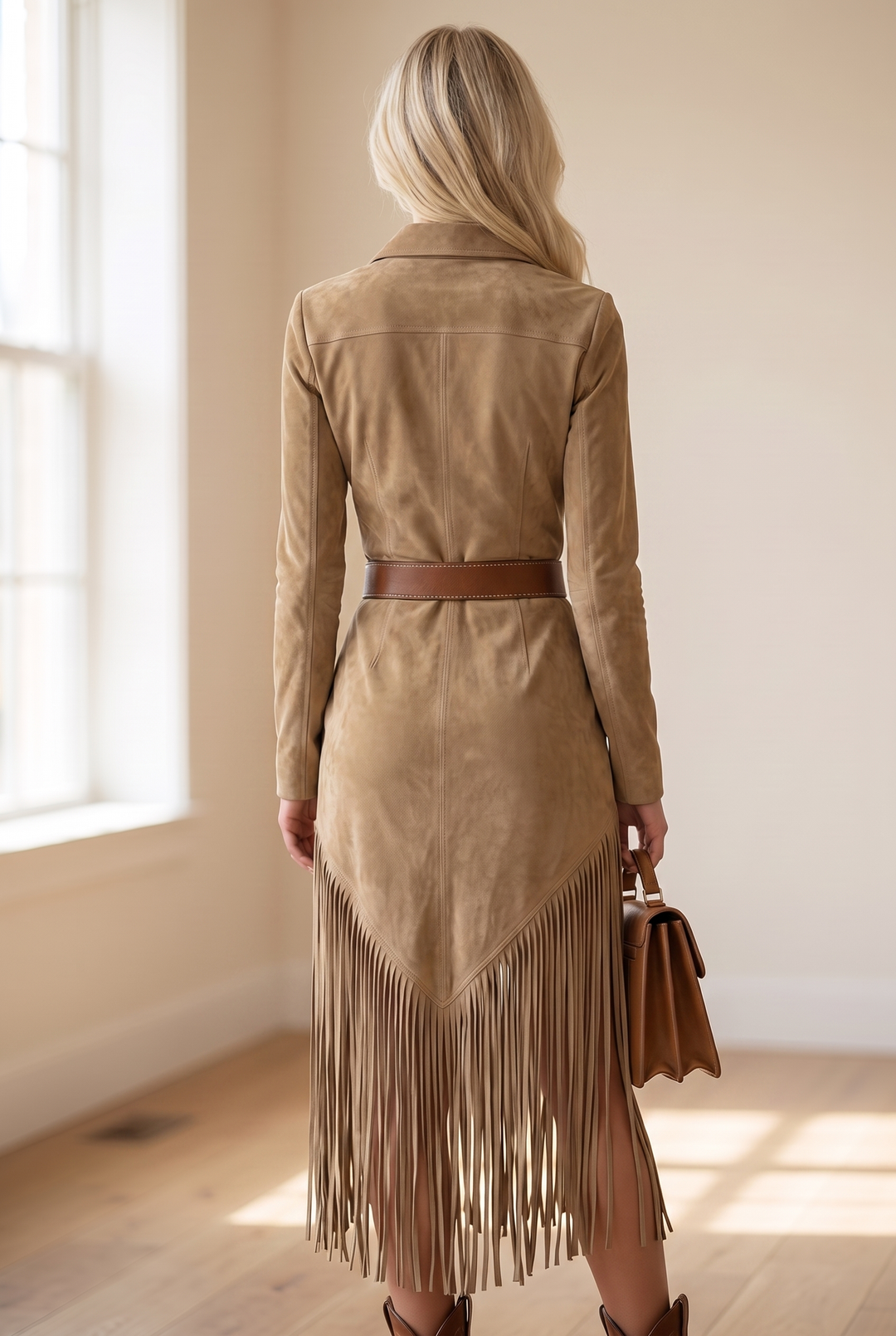 Valencia Suede Fringe Dress - khaki back view