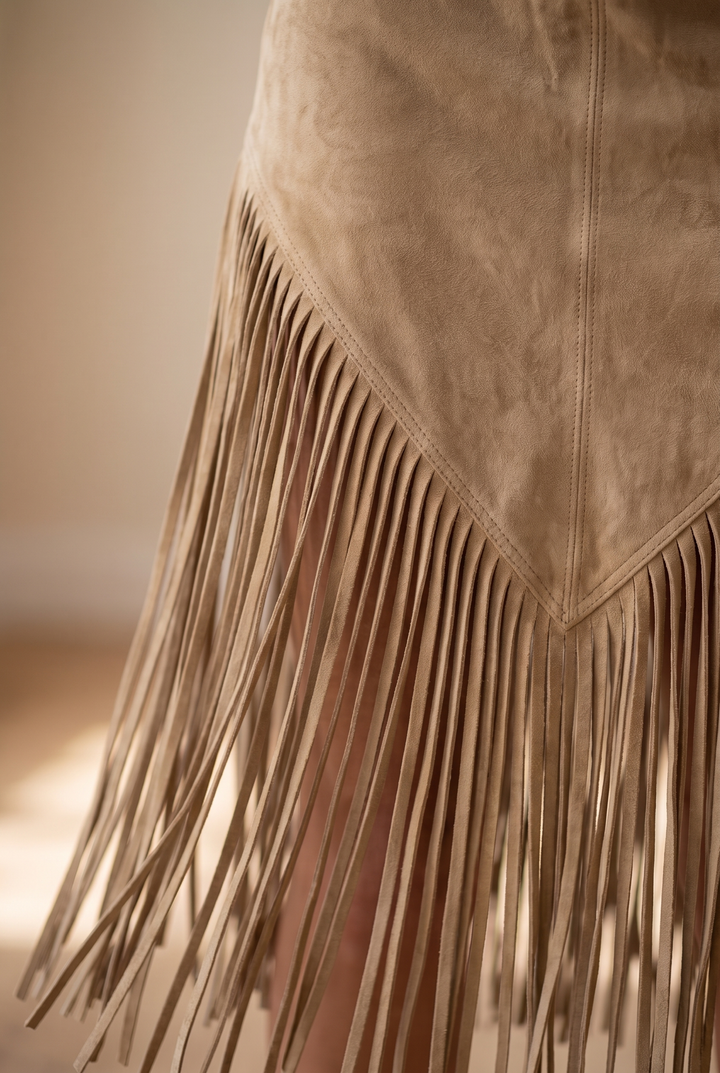 Valencia Suede Fringe Dress - khaki fringe detail