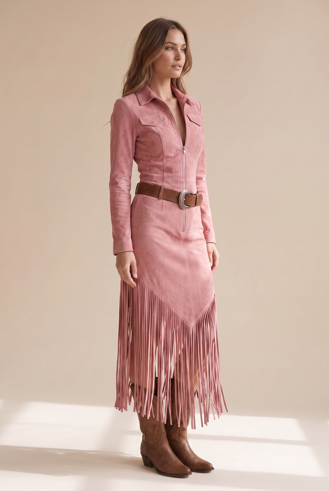 Valencia Suede Fringe Dress - pink three-quarter view
