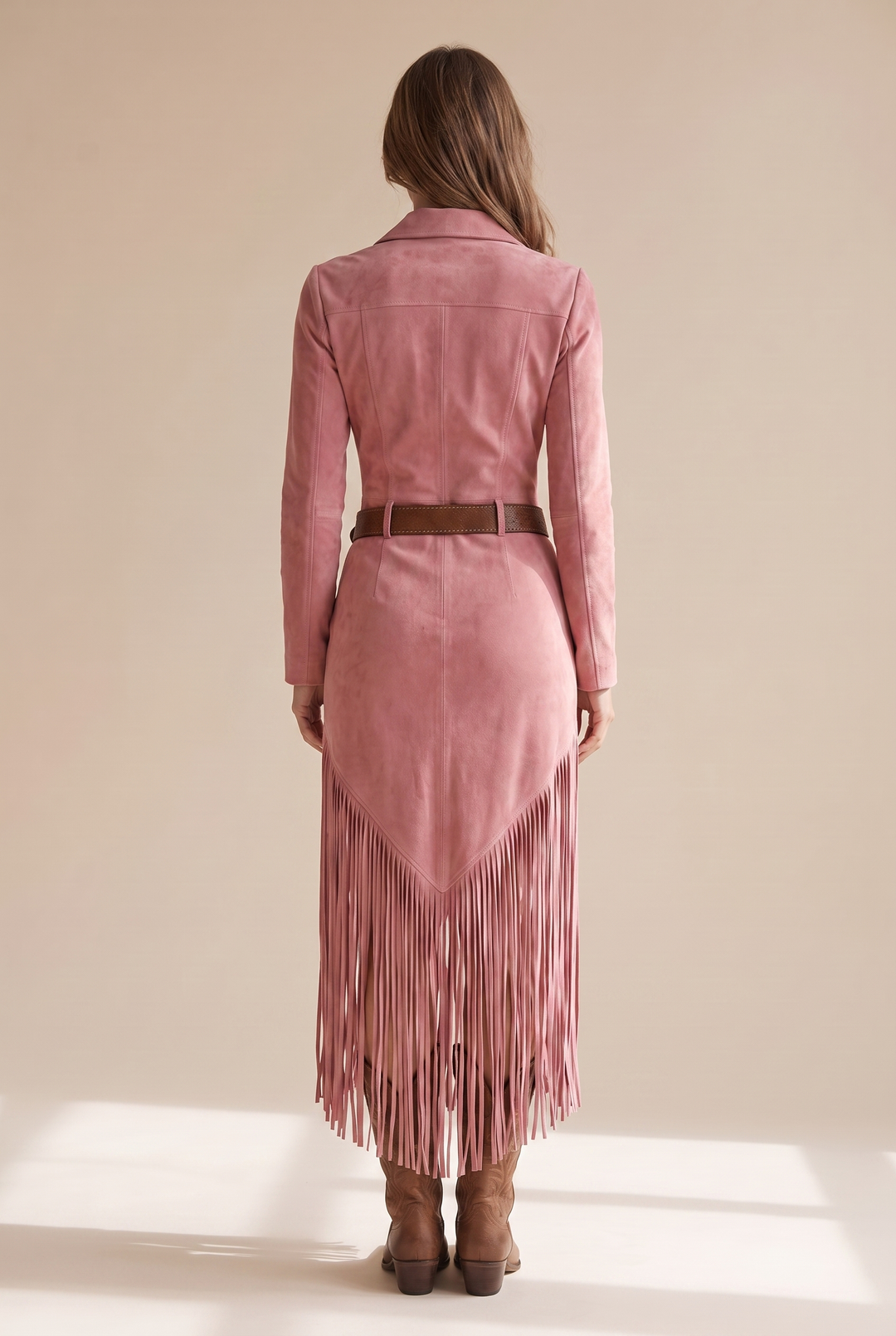 Valencia Suede Fringe Dress - pink back view