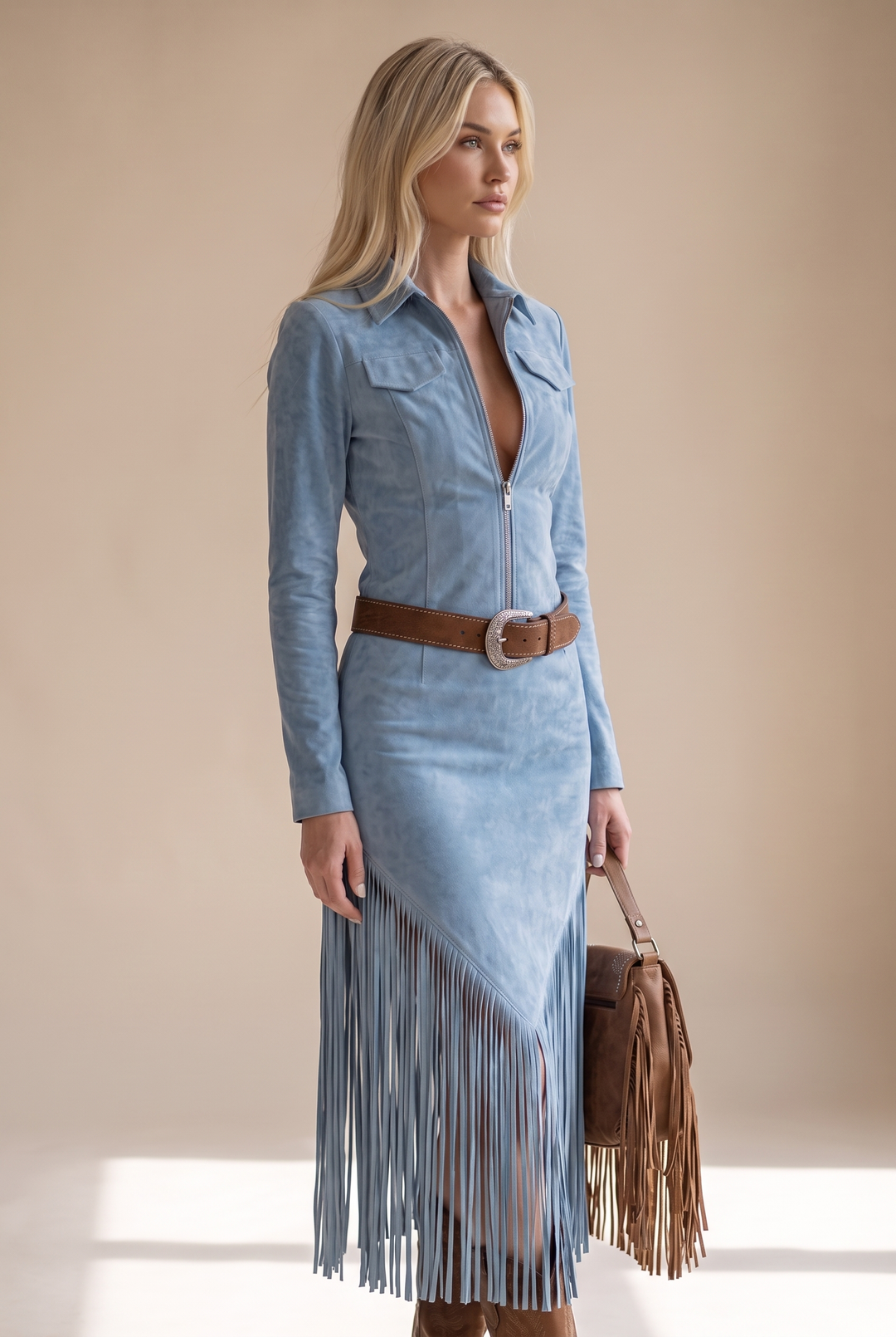 Valencia Suede Fringe Dress - blue three-quarter view