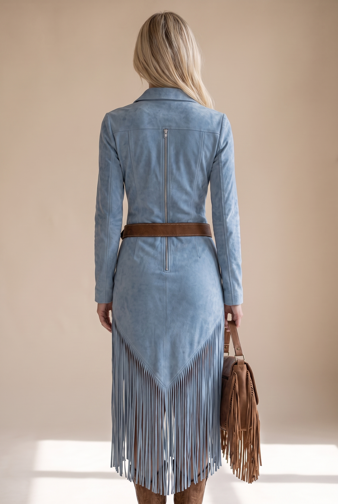 Valencia Suede Fringe Dress - blue back view