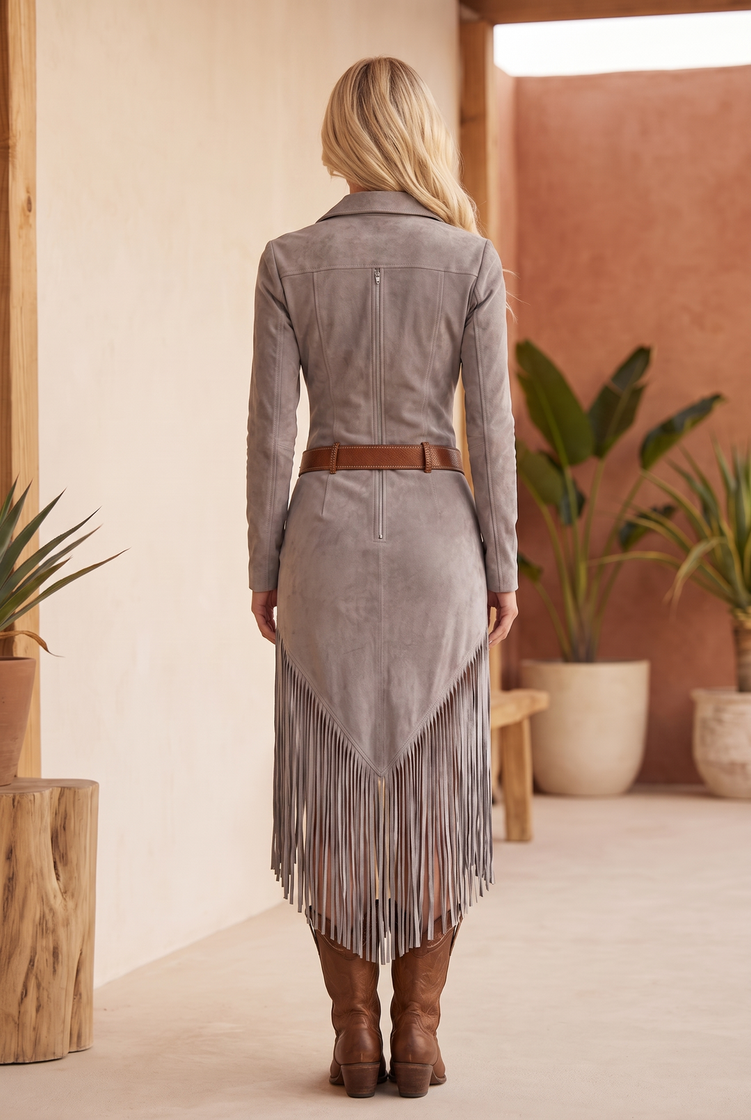 Valencia Suede Fringe Dress - grey back view