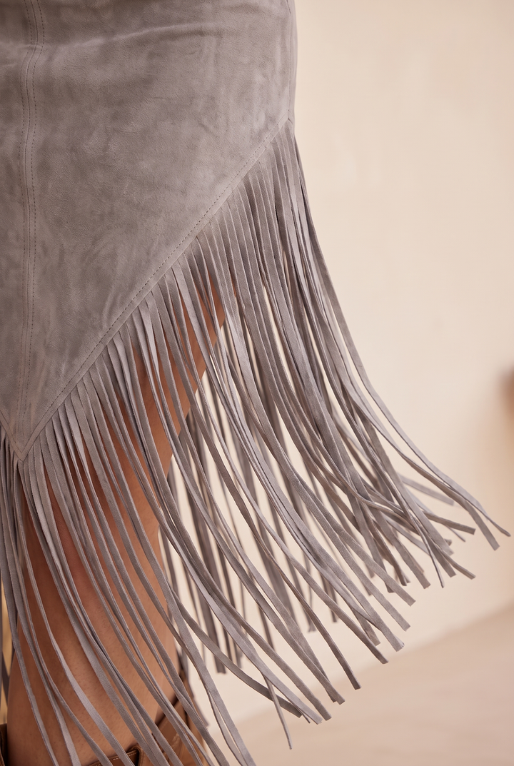 Valencia Suede Fringe Dress - grey fringe detail