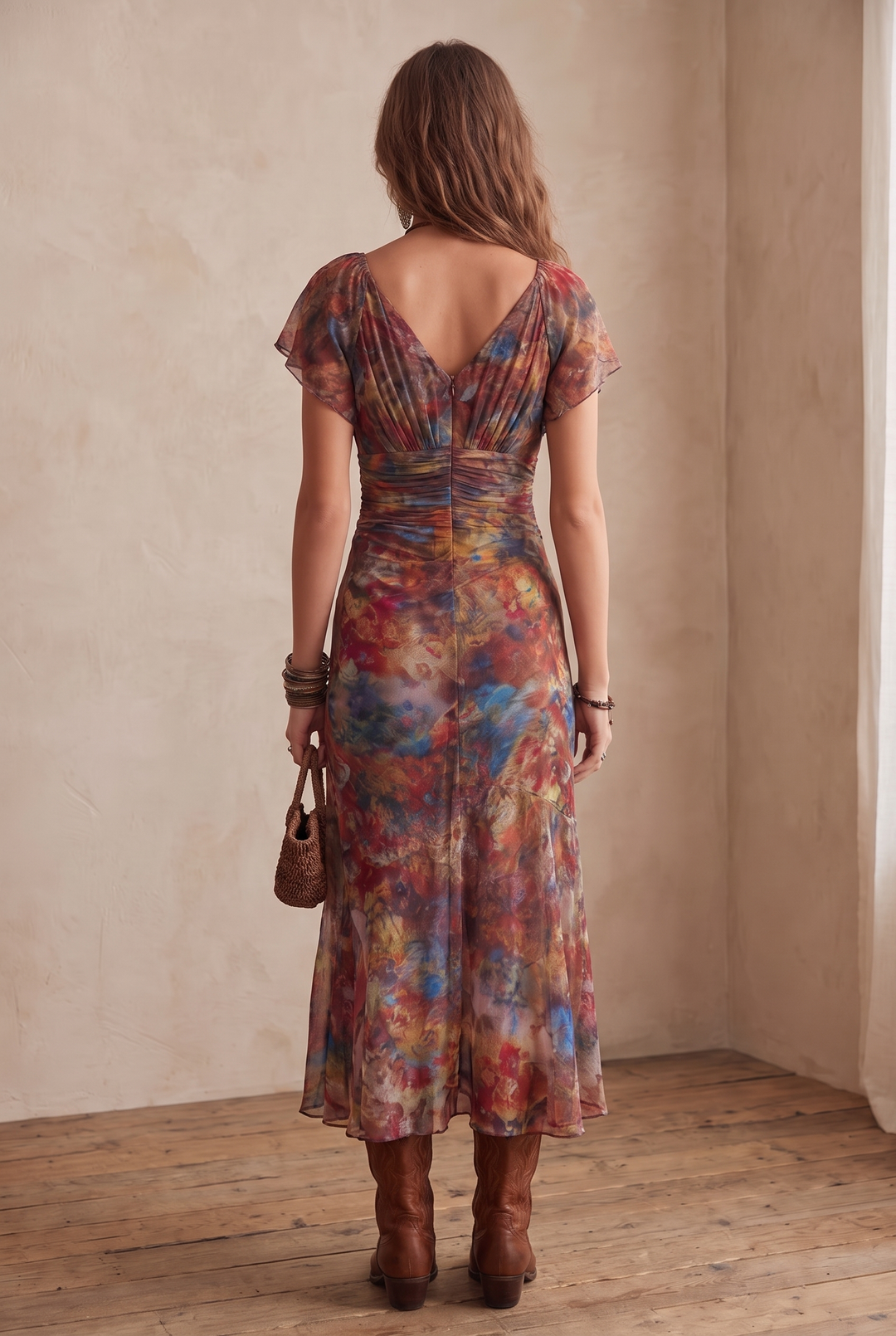 Joan Bohemian Abstract V-Neck Pleated Midi Dress - back view