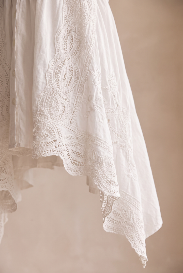 Mary Retro Lace Mini Dress - lace and asymmetrical hem detail