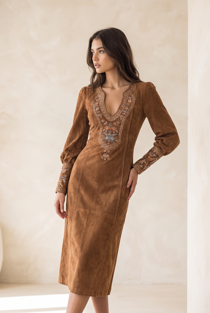 Clara Vintage Brown Suede V-Neck Midi Dress - brown front view