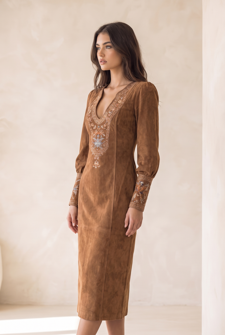 Clara Vintage Brown Suede V-Neck Midi Dress - brown three-quarter view