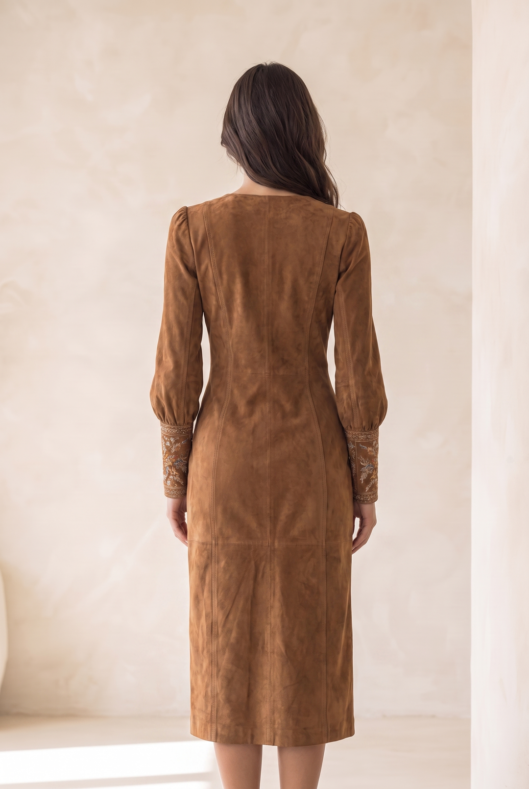 Clara Vintage Brown Suede V-Neck Midi Dress - brown back view
