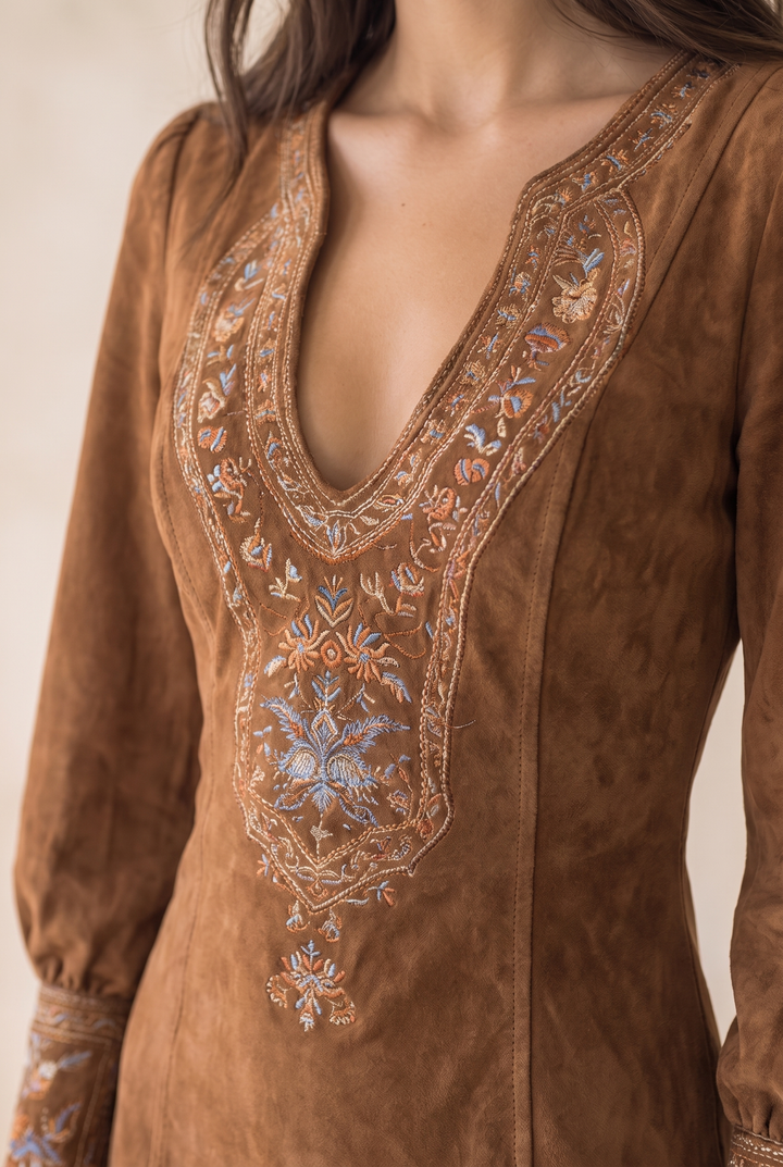 Clara Vintage Brown Suede V-Neck Midi Dress - brown suede detail