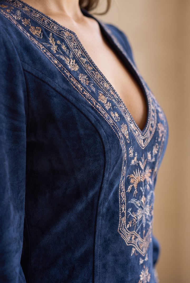 Clara Vintage Navy Suede V-Neck Midi Dress - navy suede detail