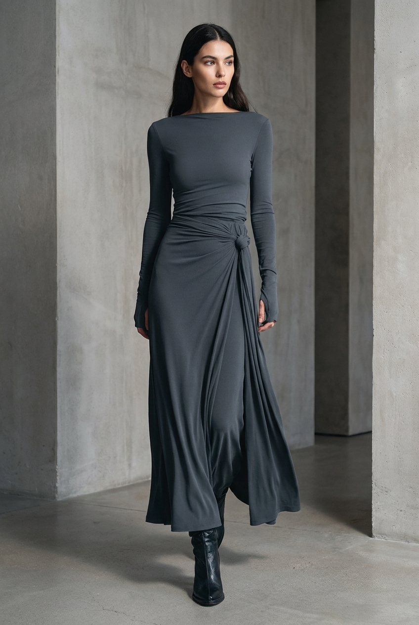 Grey stretch jersey wrap maxi dress with side knot - front view
