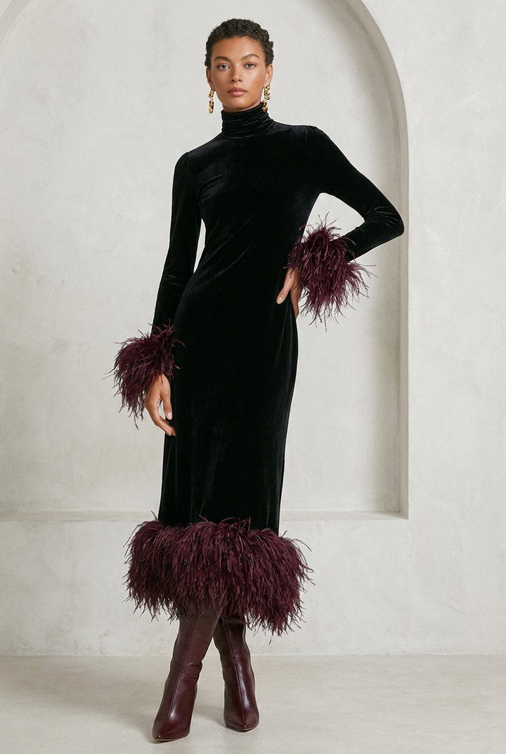 Velvet patchwork maxi dress with faux ostrich feather trim - front view