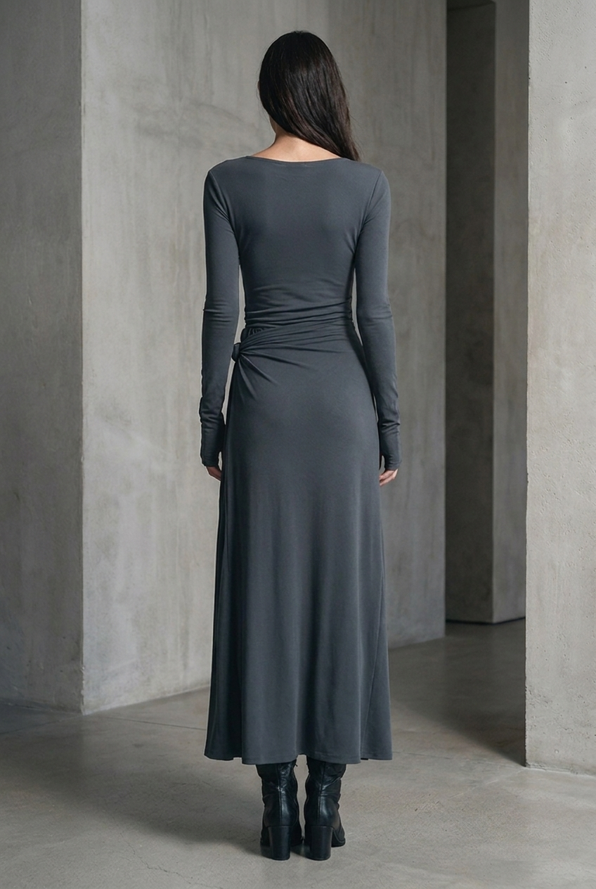 Grey stretch jersey wrap maxi dress with side knot - back view