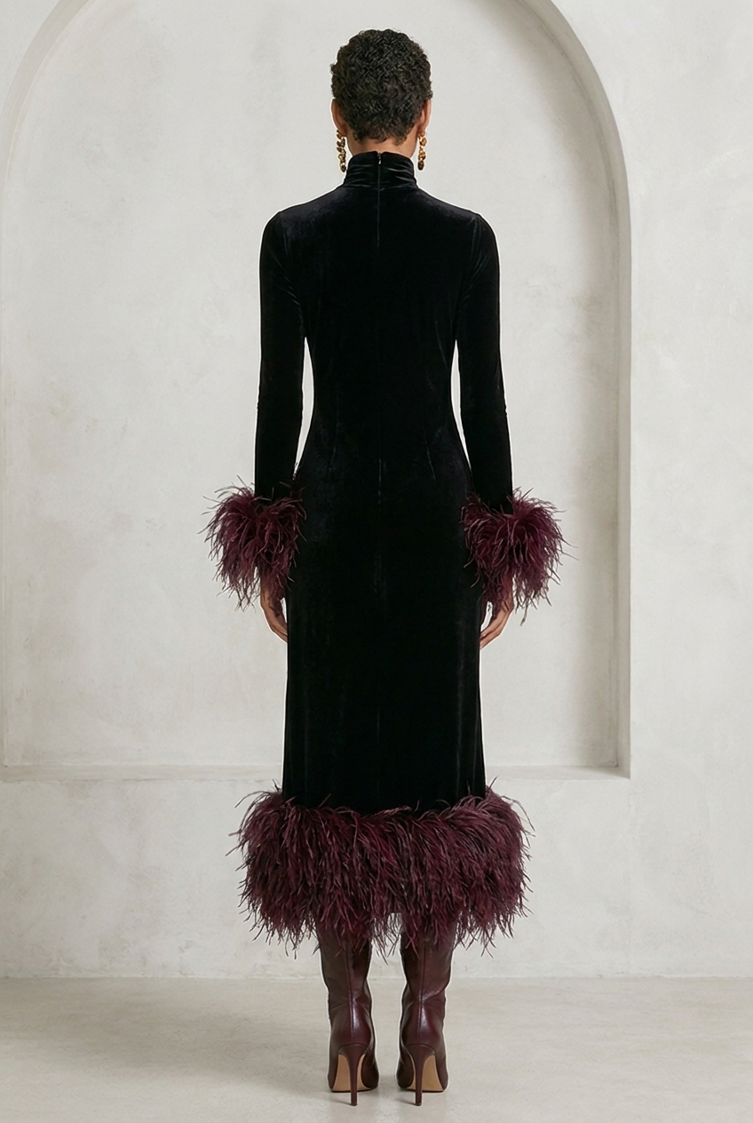 Velvet patchwork maxi dress with faux ostrich feather trim - back view