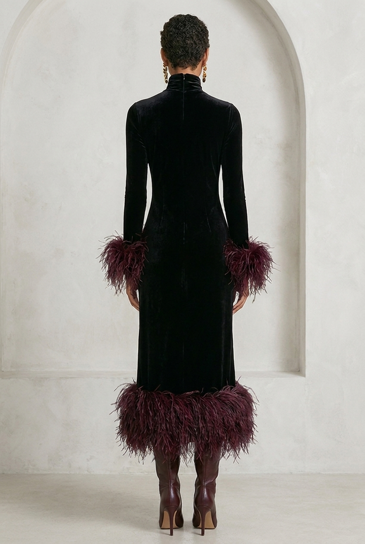 Velvet patchwork maxi dress with faux ostrich feather trim - back view