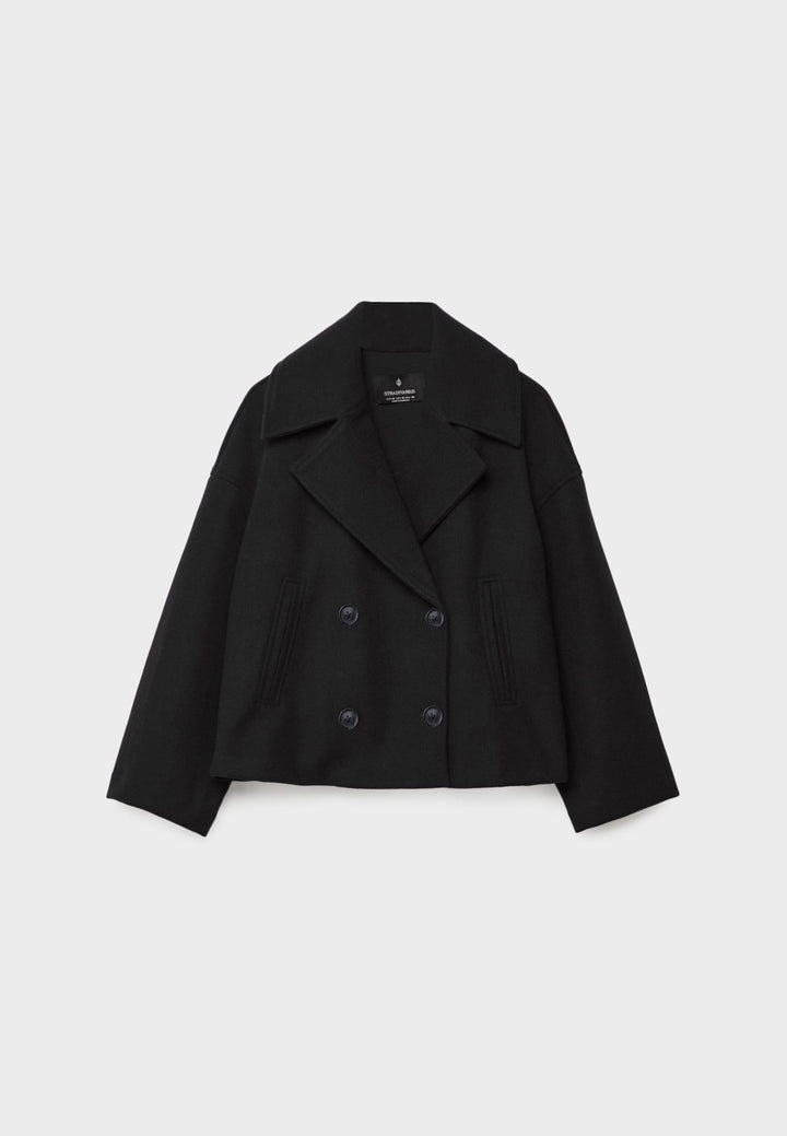 Elegant Wool Peacoat Jacket for Women with Notch Lapel Long Sleeve Double Breasted Cropped Oversized Style