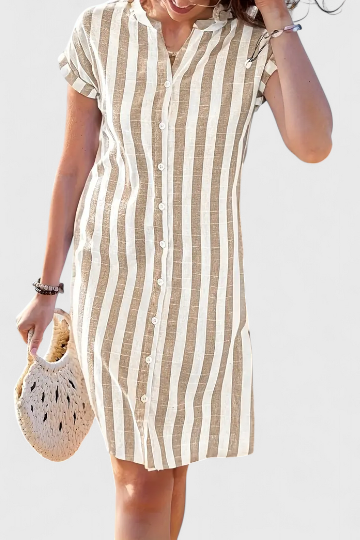 Abito camicia in lino a righe Sandrine con bottoni
