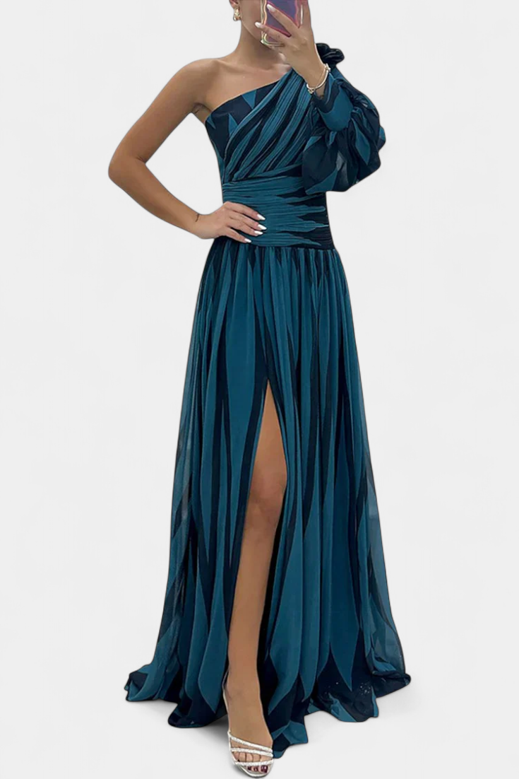 Bethania - Elegante vestito lungo a righe monospalla