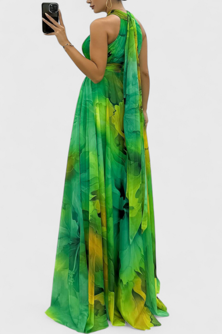 Maxi Abito in Chiffon Floreale con Scollo Annodato