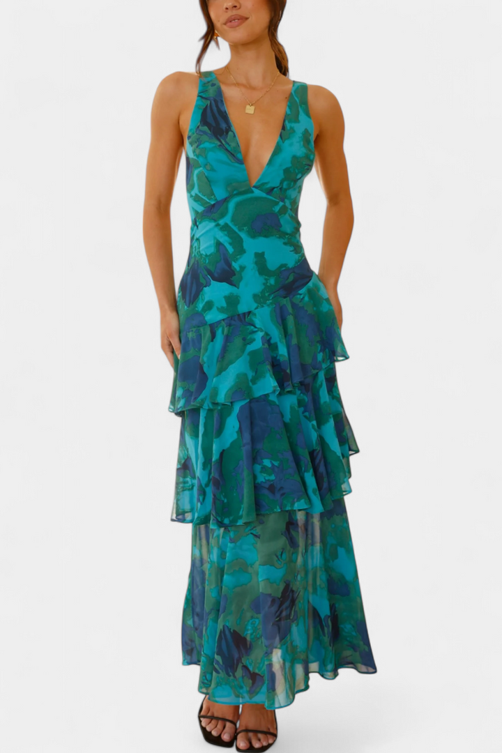 Domenica Chiffon Dress with V-Neckline and Airy Layers