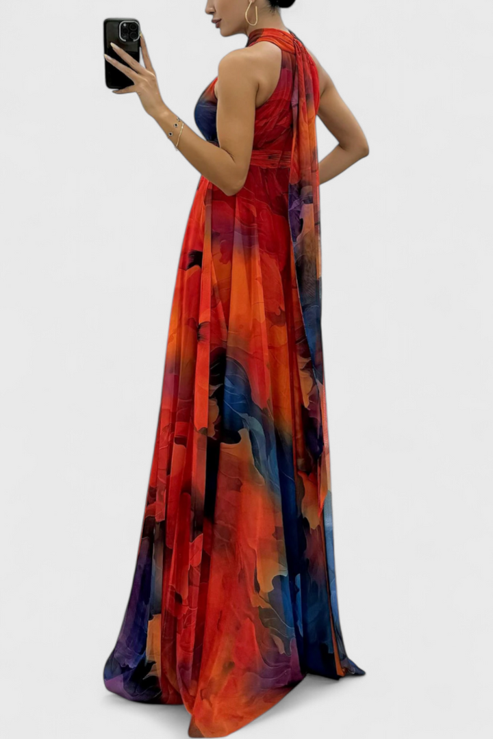 Maxi Abito in Chiffon Floreale con Scollo Annodato