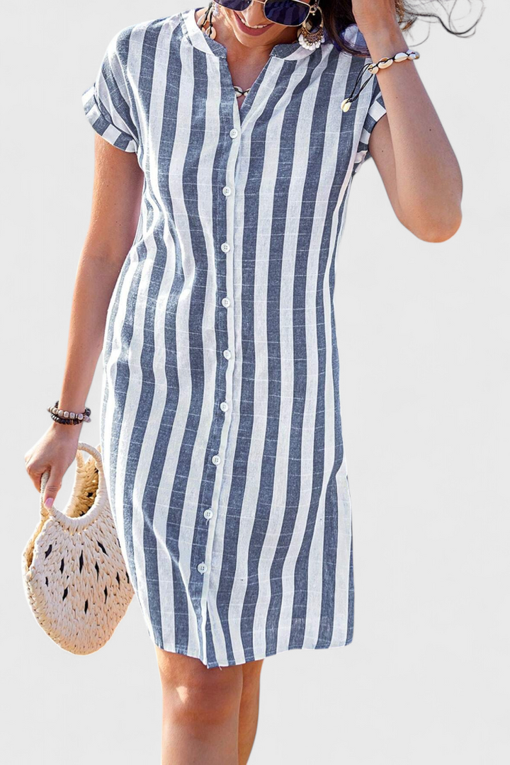 Abito camicia in lino a righe Sandrine con bottoni
