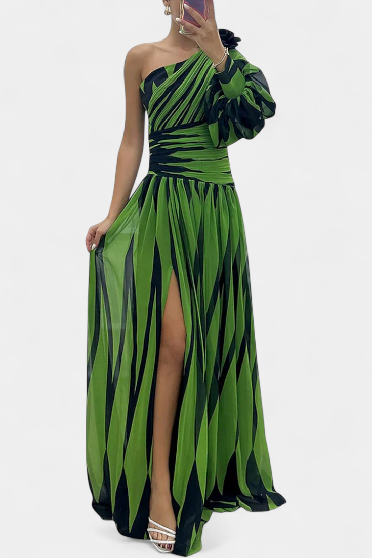 Bethania - Elegante vestito lungo a righe monospalla