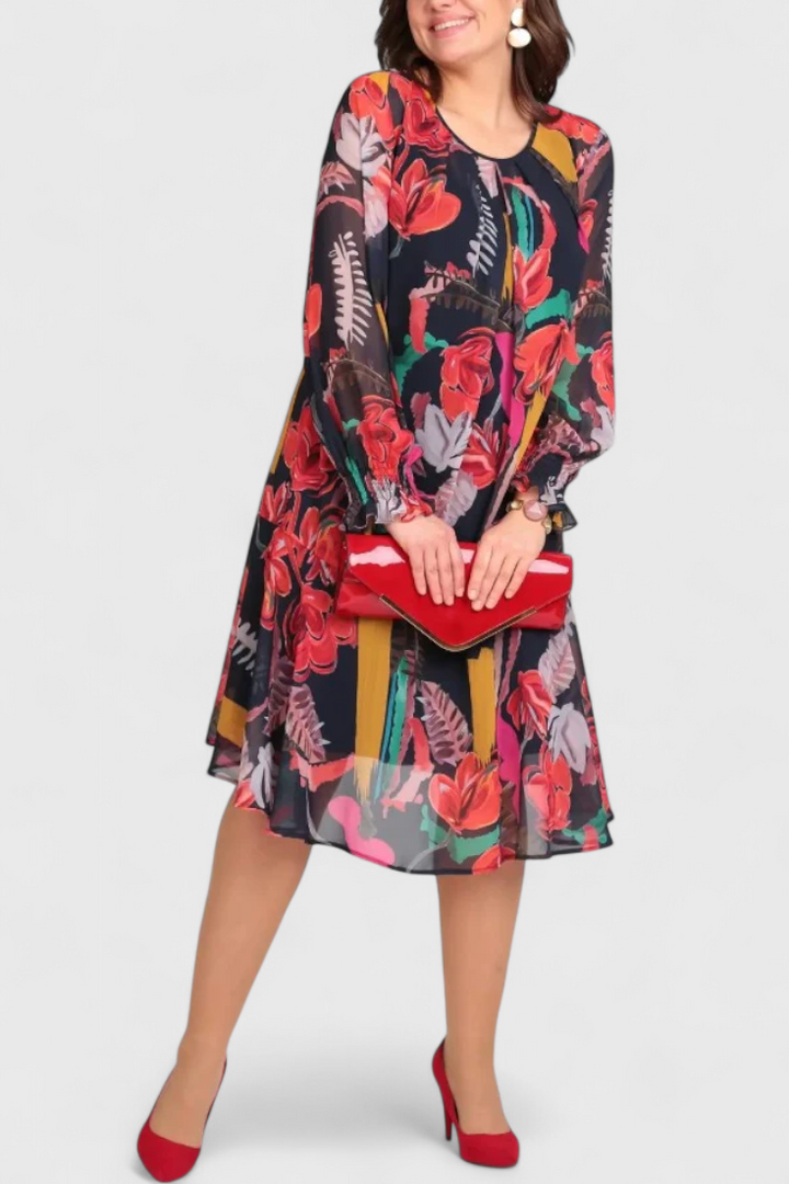 Vestito midi floreale Annegret a maniche lunghe e linea fluida