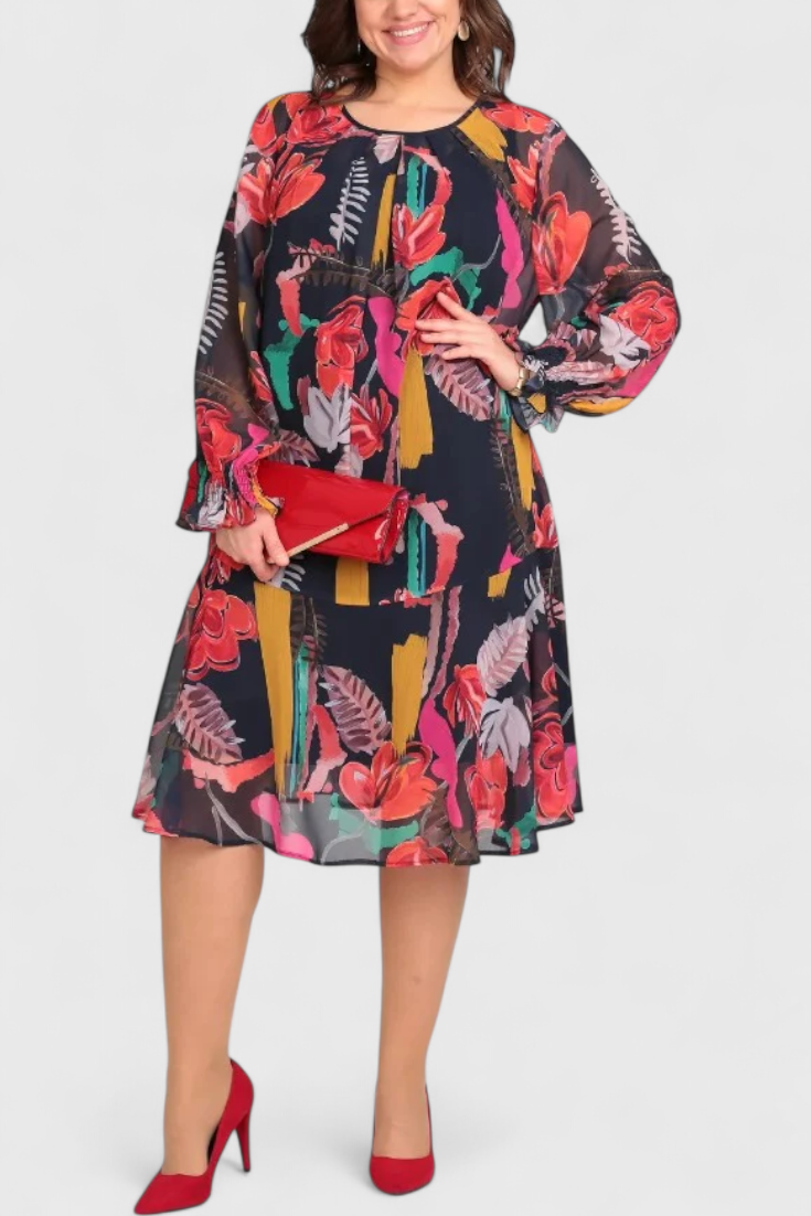 Vestito midi floreale Annegret a maniche lunghe e linea fluida