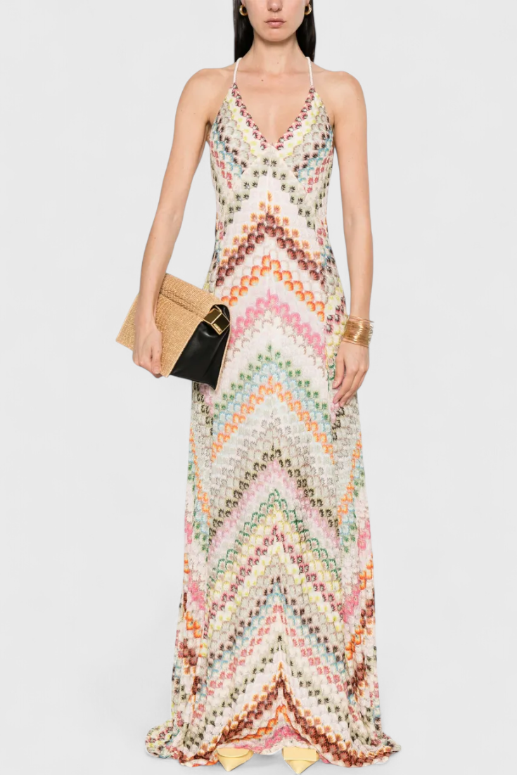 Agustina Abito lungo in pizzo con scollo a V e motivo a zig zag