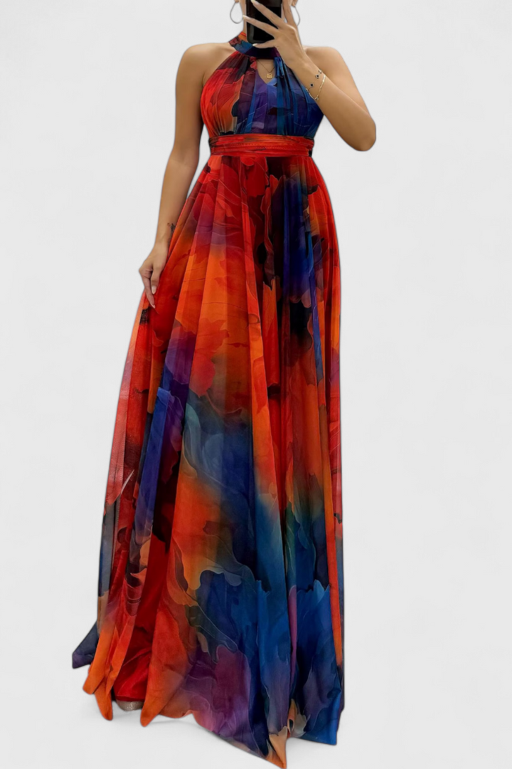 Maxi Abito in Chiffon Floreale con Scollo Annodato